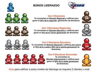 BONOS LIDERAZGO Nota: para calificar a estos niveles de liderazgo se requiere 2 clientes x nivel  Tu Con 3 Directores Te conviertes en  Director Regional  y calificas para ganar el  20% de tu segunda   generación de directores  D D D DR DR DR DR Con 3 Directores Regionales Te conviertes en  Director Ejecutivo  y calificas para ganar el  10% de tu Tercer generación  de directores  DE DE DE DE Con 3 Directores Ejecutivos Te conviertes en  Director Nacional  y calificas para ganar el  10% de tu cuarta y 20% de tu quinta generación  de directores  DN DN DN DN DN DN Con 5 Directores Nacionales Te conviertes en  Director Internacional  y calificas para ganar el  20% de tu sexta generación  de directores  DI 