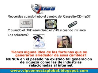 Tienes alguna idea de las fortunas que se generaron alrededor de esos cambios? NUNCA en el pasado ha existido tal generacion de riqueza como las de industrias relacionadas al internet Y cuando el DVD reemplazo el VHS y cuando iniciaron  Los celulares? Recuerdas cuando hubo el cambio del Cassette-CD-mp3? 