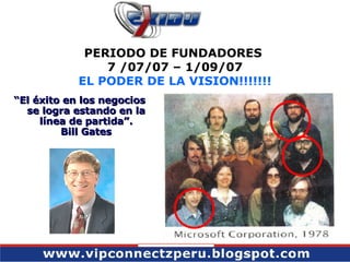 PERIODO DE FUNDADORES  7 /07/07 – 1/09/07 EL PODER DE LA VISION!!!!!!! “ El éxito en los negocios se logra estando en la línea de partida”. Bill Gates 
