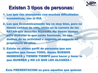 Existen 3 tipos de personas: Los que van avanzando con muchas dificultades económicas, van al DIA Los que Económicamente les va muy bien, pero no tienen calidad de vida, viven en la carrera de las RATAS que describe Kiyosaki, No tienen tiempo para disfrutar lo que están haciendo, no son  dueños de su actividad o negocio, el negocio es propietario de ellos. Existe un ultimo perfil de personas que son aquellos que tienen TODO, tienes BUENOS INGRESOS y TIENEN TIEMPO para hacer y tener lo que QUIEREN y NO LO QUE LES ALCANZA ! Esta PRESENTACION es para aquellos que quieran formar parte de este ULTIMO GRUPO 