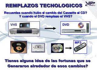 VHS DVD REMPLAZOS TECNOLOGICOS Recuerdas cuando hubo el cambio del Cassette al CD? Y cuando el DVD remplazo el VHS? Tienes alguna idea de las fortunas que se Generaron alrededor de esos cambios? MP3 