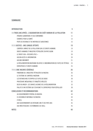 LA VRAIE « TRAGÉDIE »      1




SOMMAIRE


INTRODucTION                                                                                 5
uN/TROIS ANS APRÈS : L’AGGRAVATION Du cOÛT HuMAIN DE LA POLLuTION                          11
        PÉNURIE ALIMENTAIRE ET EAU CONTAMINÉE                                               11
        CRAINTES POUR LA SANTÉ                                                              13
        PERTE DE REVENUS ET DE MOYENS DE SUBSISTANCE                                        15

DEuX/JuSTIcE : uNE LONGuE ATTENTE                                                          19
        CONTRER L'IMPACT DE LA POLLUTION SUR LES DROITS HUMAINS                             19
        DROITS HUMAINS ET INDUSTRIE PÉTROLIÈRE EN PAYS OGONI                                19
        LE DROIT À UN « RECOURS UTILE »                                                     20
        AUCUN ACCÈS À L’INFORMATION                                                         20
        AUCUNE INDEMNITÉ                                                                    21
        LA RÉGLEMENTATION NIGÉRIANE RELATIVE À L’INDEMNISATION DES FUITES DE PÉTROLE        23
        ENTREPRISES ET DROITS HUMAINS                                                       25

TROIS/uNE INcuRIE GÉNÉRALE                                                                 26
        PANORAMA DE L’INDUSTRIE PÉTROLIÈRE DU NIGERIA                                       26
        LE SYSTÈME DE CONTRÔLE NIGÉRIAN                                                     26
        LES RETARDS MIS À STOPPER LES FUITES DE BODO                                        28
        PROCÉDURE INÉQUITABLE ET ENQUÊTES BÂCLÉES                                           32
        DELTA DU NIGER : LES GRAVES LACUNES DE LA RÉGLEMENTATION                            33
        FAILLITE D’UN SYSTÈME QUI S’EN REMET À L’ENTREPRISE POUR DÉPOLLUER                  38

cONcLuSION ET REcOMMANDATIONS                                                              42
        AU GOUVERNEMENT FÉDÉRAL DU NIGERIA                                                  44
        À L’ASSEMBLÉE NATIONALE DU NIGERIA                                                  44
        À SHELL                                                                             45
        AUX GOUVERNEMENTS DU ROYAUME-UNI ET DES PAYS-BAS                                    45
        AUX INVESTISSEURS / ACTIONNAIRES DE SHELL                                           45

NOTES                                                                                      48




                                                          Index : AFR 44/018/2011   Amnesty International - Novembre 2011
 