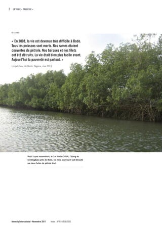 2 LA VRAIE « TRAGÉDIE »




  © CEHRD




  « En 2008, la vie est devenue très difficile à Bodo.
  Tous les poissons sont morts. Nos rames étaient
  couvertes de pétrole. Nos barques et nos filets
  ont été détruits. La vie était bien plus facile avant.
  Aujourd'hui la pauvreté est partout. »
  Un pêcheur de Bodo, Nigeria, mai 2011




                   Voici à quoi ressemblait, le 1er février 2008, l’étang de
                   Sivibilagbara près de Bodo, six mois avant qu’il soit dévasté
                   par deux fuites de pétrole brut.




  Amnesty International - Novembre 2011     Index : AFR 44/018/2011
 