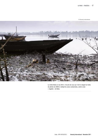 LA VRAIE « TRAGÉDIE »       47




                                                       © Amnesty International




La rivière Bodo en mai 2011. L’incurie de ceux qui n’ont ni stoppé les fuites
de pétrole de 2008 ni nettoyé les zones contaminées, voilà la vraie
« tragédie » de Bodo.




            Index : AFR 44/018/2011     Amnesty International - Novembre 2011
 