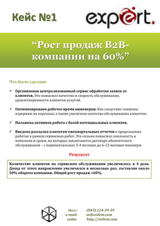 Кейс №1
“Рост продаж B2Bкомпании на 60%”
Что было сделано
 Организован централизованный сервис обработки заявок от
клиентов. Это повысило качество и скорость обслуживания,
удовлетворенность клиентов услугой.

 Оптимизировано рабочее время инженеров. Как следствие снижены
издержки на персонал, а также увеличено качество обслуживания клиентов.
 Налажена активная работа с базой потенциальных клиентов.
 Введена рассылка клиентам ежеквартальных отчетов о проделанных
работах в рамках сервисных работ. Это сильно повысило лояльность к
компании и сроки, на которые заключаются договора абонентского
обслуживания – с первоначальных 3-4 месяцев до 6-12 месяцев минимум.

Результат
Количество клиентов на сервисном обслуживании увеличилось в 4 раза.
Доход от этого направления увеличился в несколько раз, составляя около
50% оборота компании. Общий рост продаж +60%.

тел.:
e-mail:
сайт:

(843) 224-39-59
m@exilem.com
http://exilem.com

 