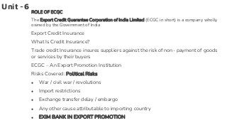 Unit -6
ROLE OF ECGC
The Export Credit Guarantee Corporation of India Limited (ECGC in short) is a company wholly
owned by the Government of India
Export Credit Insurance
What Is Credit Insurance?
Trade credit Insurance insures suppliers against the risk of non- payment of goods
or services by their buyers
ECGC – An Export Promotion Institution
Risks Covered: Political Risks
● War / civil war / revolutions
● Import restrictions
● Exchange transfer delay / embargo
● Any other cause attributable to importing country
● EXIM BANK IN EXPORT PROMOTION
 