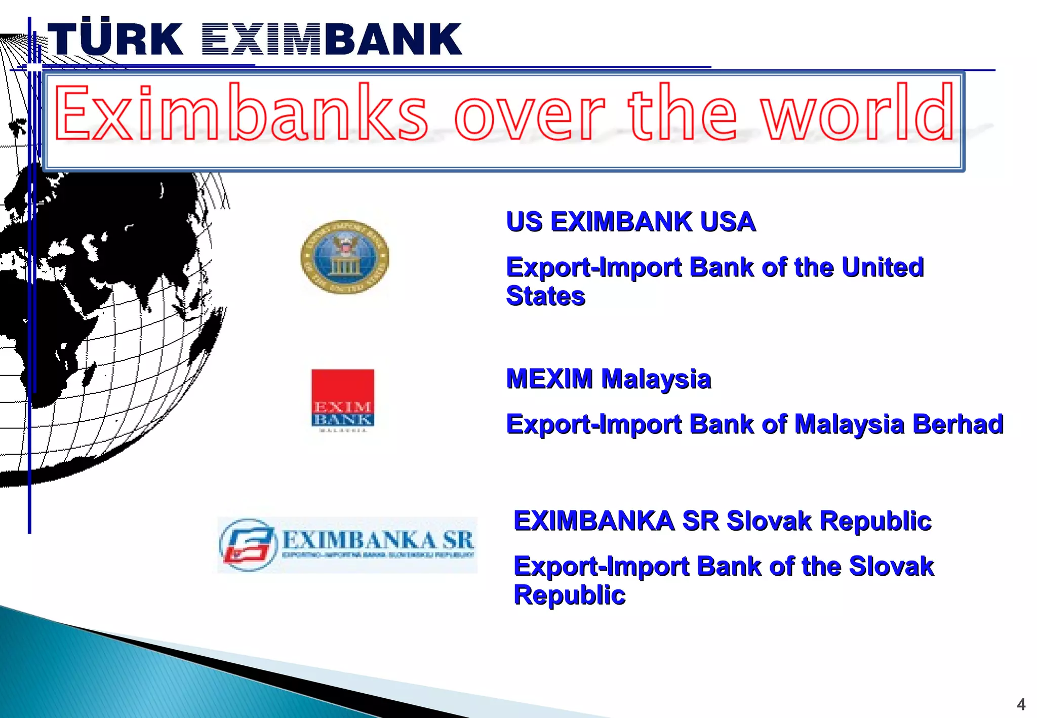 4 
UUSS EEXXIIMMBBAANNKK UUSSAA 
EExxppoorrtt--IImmppoorrtt BBaannkk ooff tthhee UUnniitteedd 
SSttaatteess 
MMEEXXIIMM MMaallaayyssiiaa 
EExxppoorrtt--IImmppoorrtt BBaannkk ooff MMaallaayyssiiaa BBeerrhhaadd 
EEXXIIMMBBAANNKKAA SSRR SSlloovvaakk RReeppuubblliicc 
EExxppoorrtt--IImmppoorrtt BBaannkk ooff tthhee SSlloovvaakk 
RReeppuubblliicc 
 