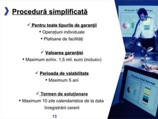 05/13/11 Procedură simplificată Pentru toate tipurile de garanţii O pera ţ iuni individuale P lafoane de facili tăţ i Valoarea garanţiei M ax imum echiv .  1,5 mil. euro (inclusiv) Perioada de valabilitate Maximum 5 ani Termen de soluţionare Maximum 10 zile calendaristice  de la data  î nregistr ă rii cererii 