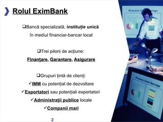 05/13/11 Rolul EximBank Banc ă  specializat ă ,   i nstituţie unică   în mediul financiar-bancar  loca l Trei piloni de ac ţ iune:   Finan ţ are ,  Garantare ,  A sigur a r e Grupuri  ţ int ă  de clien ţ i: IMM  cu poten ţ ial de dezvoltare Exportatori  sau poten ţ iali exportatori  Administra ţ ii publice  locale Companii mari 