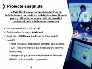 05/13/11 EximBank a acordat unui producător de îmbrăcăminte un credit cu dobândă subvenţionată pentru refinanţarea unui credit de investiţii contractat de la altă bancă comercială. Valoarea creditului  ->  1,5 mil. lei Perioada de acordare  ->  48 de luni Dobânda  ->  6,83% p.a.  (performanţa financiară C)   Garanţie  reală imobiliară, proprietatea societăţii, care   acoperă 100%  valoarea finanţării şi a dobânzii   până la prima rambursare;   alte garanţii: gaj pe conturile deschise la Eximbank,   bilete la ordin emise de companie etc. Proiecte susţinute 