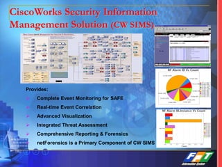 CiscoWorks Security Information
Management Solution (CW SIMS)
Provides:
 Complete Event Monitoring for SAFE
 Real-time Event Correlation
 Advanced Visualization
 Integrated Threat Assessment
 Comprehensive Reporting & Forensics
 netForensics is a Primary Component of CW SIMS
 