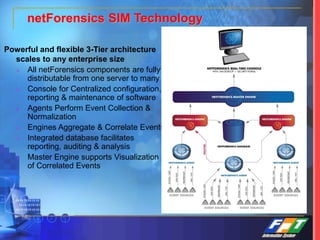 netForensics SIM Technology
Powerful and flexible 3-Tier architecture
scales to any enterprise size
 All netForensics components are fully
distributable from one server to many
 Console for Centralized configuration,
reporting & maintenance of software
 Agents Perform Event Collection &
Normalization
 Engines Aggregate & Correlate Events
 Integrated database facilitates
reporting, auditing & analysis
 Master Engine supports Visualization
of Correlated Events
 