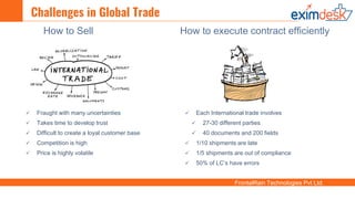 FrontalRain Technologies Pvt Ltd.
How to Sell
 Fraught with many uncertainties
 Takes time to develop trust
 Difficult to create a loyal customer base
 Competition is high
 Price is highly volatile
Challenges in Global Trade
 Each International trade involves
 27-30 different parties
 40 documents and 200 fields
 1/10 shipments are late
 1/5 shipments are out of compliance
 50% of LC’s have errors
How to execute contract efficiently
 