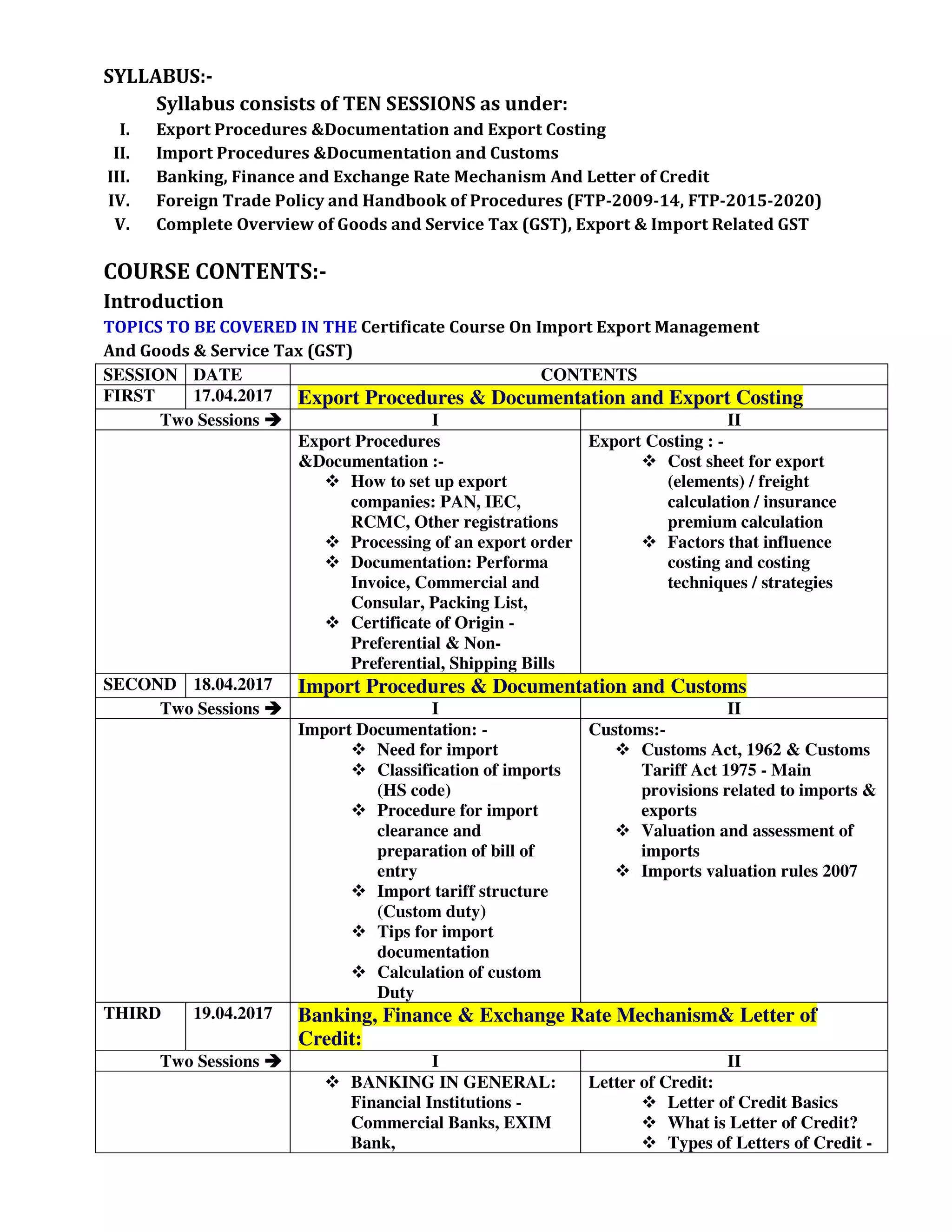 05 Days Advanced Certificate Course On Import Export Management And Goods &  Service Tax (GST) | PDF
