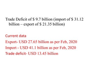 Trade Deficit of $ 9.7 billion (import of $ 31.12
billion – export of $ 21.35 billion)
Current data
Export- USD 27.65 billion as per Feb, 2020
Import - USD 41.1 billion as per Feb, 2020
Trade deficit- USD 13.45 billion
 