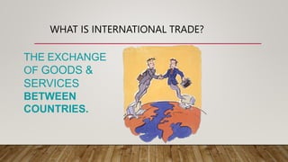 WHAT IS INTERNATIONAL TRADE?
THE EXCHANGE
OF GOODS &
SERVICES
BETWEEN
COUNTRIES.
 