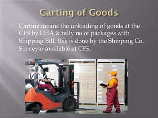 

Carting means the unloading of goods at the
CFS by CHA & tally no of packages with
Shipping Bill, this is done by the Shipping Co.
Surveyor available at CFS..

 