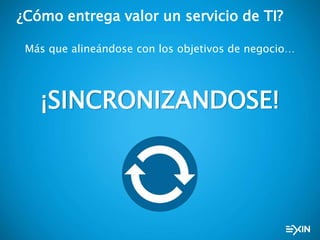 ¿Cómo entrega valor un servicio de TI?
Más que alineándose con los objetivos de negocio…
¡SINCRONIZANDOSE!
 