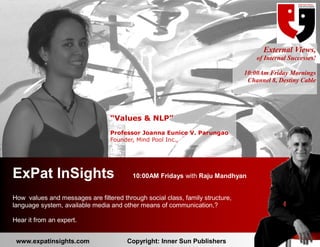 External Views,
                                                                                       of Internal Successes!

                                                                                   10:00Am Friday Mornings
                                                                                    Channel 8, Destiny Cable




                                     “Values & NLP”
                                     Professor Joanna Eunice V. Parungao
                                     Founder, Mind Pool Inc.,


n


    ExPat InSights                           10:00AM Fridays with Raju Mandhyan


    How values and messages are filtered through social class, family structure,
    language system, available media and other means of communication,?

    Hear it from an expert.


     www.expatinsights.com                 Copyright: Inner Sun Publishers
 