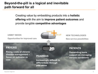 Beyond-the-pill is a logical and inevitable
path forward for all
PAYERS
Rising costs of chronic
disease management –
focus on outcome vs
cost
UNMET NEEDS
Opportunities for improved care
NEW TECHNOLOGIES
New service possibilities
PHARMAS
Increasingly difficult to
differentiate through
pills alone
PATIENTS
Demanding more
support on managing
chronic conditions
Creating value by embedding products into a holistic
offering with the aim to improve patient outcomes and
provide tangible competitive advantages
Executive Insight AG 2
 