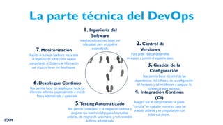 La parte técnica del DevOps
1. Ingeniería del
Software
nuestras aplicaciones deben ser
adecuadas para un pipeline
automatizado.
2. Control de
Versiones
Para poder realizar desarrollos
en equipo y permitir el siguiente paso.
3. Gestión de la
Configuración
Nos permite llevar el control de las
dependencias del software, de la configuración
del hardware y del middleware y asegurar la
coherencia entre entornos.
4. Integración Continua
(CI)
Asegura que el código liberado se puede
“compilar” en cualquier momento, pasa las
pruebas unitarias y se comporta bien con
todas sus piezas.
5.Testing Automatizado
Nos permite “conectarlo” a la integración continua y
asegurar que nuestro código pasa las pruebas
unitarias, de integración funcionales y no funcionales
de forma automatizada.
6. Despliegue Continuo
Nos permite hacer los despliegues hacia los
diferentes entornos (especialmente a pro) de
forma automatizada y controlada.
7. Monitorización
Facilita el bucle de feedback hacia toda
la organización sobre cómo se está
comportando el Sistemade Información
qué impacto tienen los despliegues.
 
