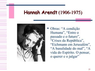 Obras: “A condição Humana”, “Entre o passado e o futuro”, “Crises da República”, “Eichmann em Jerusalém”, “A banalidade do mal”, “A vida do Espírito. O pensar, o querer e o julgar”  Hannah Arendt  (1906-1975) 
