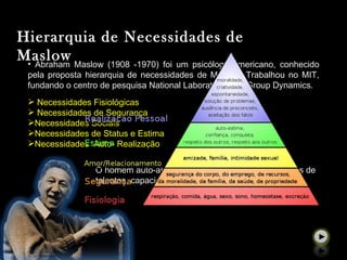 Hierarquia de Necessidades de
Maslow
• Abraham Maslow (1908 -1970) foi um psicólogo americano, conhecido
Abraham Maslow (1908 -1970) foi um psicólogo americano, conhecido
pela proposta hierarquia de necessidades de Maslow. Trabalhou no MIT,
pela proposta hierarquia de necessidades de Maslow. Trabalhou no MIT,
fundando o centro de pesquisa National Laboratories for Group Dynamics.
fundando o centro de pesquisa National Laboratories for Group Dynamics.
 Necessidades Fisiológicas
 Necessidades de Segurança
Necessidades Sociais
Necessidades de Status e Estima
Necessidades Auto- Realização
O homem auto-atualiza, “O uso e a exploração plenos de
O homem auto-atualiza, “O uso e a exploração plenos de
talentos, capacidades, potencialidades”.
talentos, capacidades, potencialidades”.
 