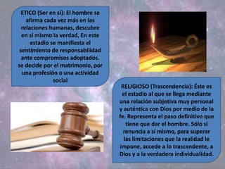 RELIGIOSO (Trascendencia): Éste es
el estadio al que se llega mediante
una relación subjetiva muy personal
y auténtica con Dios por medio de la
fe. Representa el paso definitivo que
tiene que dar el hombre. Sólo si
renuncia a sí mismo, para superar
las limitaciones que la realidad le
impone, accede a lo trascendente, a
Dios y a la verdadera individualidad.
ETICO (Ser en sí): El hombre se
afirma cada vez más en las
relaciones humanas, descubre
en sí mismo la verdad, En este
estadio se manifiesta el
sentimiento de responsabilidad
ante compromisos adoptados.
se decide por el matrimonio, por
una profesión o una actividad
social
 