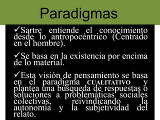Paradigmas
Sartre entiende el conocimiento
desde lo antropocéntrico (Centrado
en el hombre).
Se basa en la existencia por encima
de lo material.
Esta visión de pensamiento se basa
en el paradigma CUALITATIVO y
plantea una búsqueda de respuestas o
soluciones a problemáticas sociales
colectivas, reivindicando la
autonomía y la subjetividad del
relato.
 