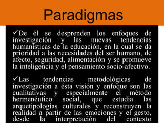 Paradigmas
De él se desprenden los enfoques de
investigación y las nuevas tendencias
humanísticas de la educación, en la cual se da
prioridad a las necesidades del ser humano, de
afecto, seguridad, alimentación y se promueve
la inteligencia y el pensamiento socio-afectivo.
Las tendencias metodológicas de
investigación a ésta visión y enfoque son las
cualitativas y especialmente el método
hermenéutico social, que estudia las
arquetipologías culturales y reconstruyen la
realidad a partir de las emociones y el gesto,
desde la interpretación del contexto
 