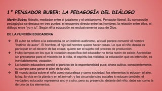 1° PENSADOR BUBER: LA PEDAGOGÍA DEL DIÁLOGO
Martín Buber, filósofo, mediador entre el judaísmo y el cristianismo. Pensador liberal. Su concepción
pedagógica se destaca en tres puntos: el encuentro directo entre los hombres, la relación entre ellos, el
diálogo entre “yo y tu”. Según él la educación es exclusivamente cosa de Dios.
DE LA FUNCIÓN EDUCADORA
❖ El autor se refiere a la existencia de un instinto autónomo, al cual parece convenir el nombre
“instinto de autor”. El hombre, el hijo del hombre quiere hacer cosas. Lo que el niño desea es
participar en el devenir de las cosas; quiere ser el sujeto del proceso de producción.
❖ Hubo tiempos en los que la vocación específica del educador no tenía razón de existir. Aprendían
sin prepararse para el misterio de la vida, el espíritu los visitaba. la educación que es intención, es
inevitablemente, vocación.
❖ La función educadora perdió el paraíso de la espontaneidad pura; ahora cultiva, conscientemente,
su campo para ganar el plan de la vida.
❖ El mundo actúa sobre el niño como naturaleza y como sociedad. los elementos lo educan- el aire,
la luz, la vida en la planta y en el animal-; y las circunstancias sociales lo educan también. el
verdadero educador representa uno y a otro, pero su presencia, delante del niño, debe ser como la
de uno de los elementos.
 
