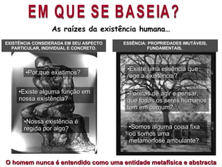 O homem nunca é entendido como uma entidade metafísica e abstracta As raízes da existência humana… EM QUE SE BASEIA? EXISTÊNCIA CONSIDERADA EM SEU ASPECTO PARTICULAR, INDIVIDUAL E CONCRETO. Nossa existência é regida por algo? ESSÊNCIA: PROPRIEDADES IMUTÁVEIS, FUNDAMENTAIS,  Por que existimos? Existe alguma função em nossa existência? Existe uma essência que rege a existência? Formas de agir e pensar, que todos os seres humanos tem em comum?  Somos alguma coisa fixa ou somos uma metamorfose ambulante? 
