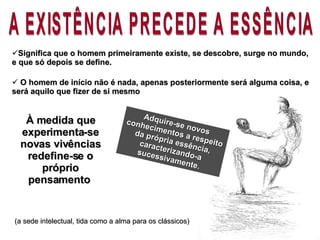 A EXISTÊNCIA PRECEDE A ESSÊNCIA À medida que experimenta-se novas vivências redefine-se o próprio pensamento  Adquire-se novos conhecimentos a respeito da própria essência, caracterizando-a sucessivamente. Significa que o homem primeiramente existe, se descobre, surge no mundo, e que só depois se define. O homem de início não é nada, apenas posteriormente será alguma coisa, e será aquilo que fizer de si mesmo   (a sede intelectual, tida como a alma para os clássicos) 