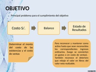 OBJETIVO
Costo S/. Balance
Estado de
Resultados
Principal problema para el cumplimiento del objetivo
Determinar el monto
del costo de las
existencias y el costo
de ventas
Para reconocer y mantener como
activo hasta que sean reconocidos
los correspondientes ingresos
ordinarios. (luego se convierten
en gastos o en costo de ventas).
También reconoce el deterioro
que rebaje el valor en libros del
valor neto realizable.
 