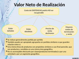 Valor Neto de Realización
Costo de EXISTENCIAS podría NO ser
recuperable
Están
dañadas
Están
obsoletas
Precios de
venta
declinaron
Mayores
costos de
terminación
y venta
Se reduce generalmente partida por partida
También puede ser apropiado agruparlos en partidas similares o que guarden
relación entre sí.
Una misma línea de productos con propósitos similares o uso final parecido, que
son productos y vendidos en una misma área geográfica.
No es aconsejable efectuarlo por clases(productos terminados) o por una
actividad o por un segmento geográfico.
 
