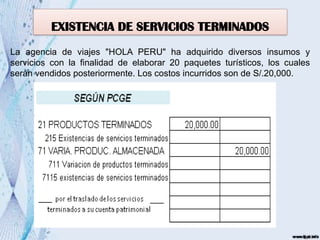 EXISTENCIA DE SERVICIOS TERMINADOS
La agencia de viajes "HOLA PERU" ha adquirido diversos insumos y
servicios con la finalidad de elaborar 20 paquetes turísticos, los cuales
serán vendidos posteriormente. Los costos incurridos son de S/.20,000.
 