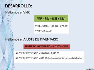 DESARROLLO:
Hallamos el VNR :
Hallamos el AJUSTE DE INVENTARIO
 