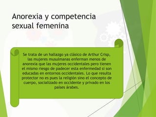 Anorexia y competencia
sexual femenina
Se trata de un hallazgo ya clásico de Arthur Crisp,
las mujeres musulmanas enferman menos de
anorexia que las mujeres occidentales pero tienen
el mismo riesgo de padecer esta enfermedad si son
educadas en entornos occidentales. Lo que resulta
protector no es pues la religión sino el concepto de
cuerpo, socializado en occidente y privado en los
países árabes.
 