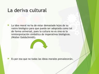 La deriva cultural
 La idea moral no ha de estar demasiado lejos de su
rastro biológico para que pueda ser adoptada como tal
de forma universal, pues la cultura no es sino es la
reinterpretación simbólica de imperativos biológicos.
(Walter Goldschmidt).
 Es por eso que no todas las ideas morales prevalecerán.
 