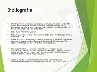 Bibliografía
 The “Big Three” of Morality (Autonomy, Community, Divinity) and the “Big
Three” explanations of suffering. Richard A. Shweder, Nancy C. Much,
Manamohan Mahapatra, and Lawrence Park en Morality and Health Allan M
Brandt y Paul Rozin eds. Routledge 1997
 Rozin Paul: “Moralidad y salud”.
 Rozin, P y A, Fallon (1987): «A perspective of Disgust», Psychological Review,
nº 94,pags. 23-4.
 Profet, M.(1992): “Pregnancy sickness as adaptation. A deterrent to maternal
ingestion of teratogens. In J. Barkow, L. Cosmides & J.Tooby (eds) “The
adapted mind” (pp 327-366) NY. Oxford University Press.
 Traver, F: “Conflictos agonísticos madre-hijo: Su relación con la
psicopatología y el aborto como minimización del riesgo”. (Agonistic rivalry
mother and her son: Its relation with the psicopatology and the abortion as
reduction of risk.) (2004). Psiquiatria.com.
 Orban, L: “Shifts in Color Discrimination during Early Pregnancy”.
Evolutionary psicollogy, http://www.epjournal.net – 2012. 10(2): 238-252
 