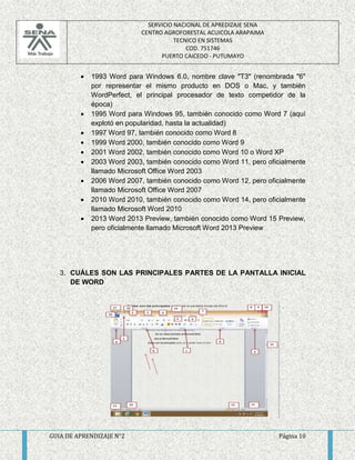 SERVICIO NACIONAL DE APREDIZAJE SENA 
CENTRO AGROFORESTAL ACUICOLA ARAPAIMA 
TECNICO EN SISTEMAS 
COD. 751746 
PUERTO CAICEDO - PUTUMAYO 
 1993 Word para Windows 6.0, nombre clave "T3" (renombrada "6" 
por representar el mismo producto en DOS o Mac, y también 
WordPerfect, el principal procesador de texto competidor de la 
época) 
 1995 Word para Windows 95, también conocido como Word 7 (aquí 
explotó en popularidad, hasta la actualidad) 
 1997 Word 97, también conocido como Word 8 
 1999 Word 2000, también conocido como Word 9 
 2001 Word 2002, también conocido como Word 10 o Word XP 
 2003 Word 2003, también conocido como Word 11, pero oficialmente 
llamado Microsoft Office Word 2003 
 2006 Word 2007, también conocido como Word 12, pero oficialmente 
llamado Microsoft Office Word 2007 
 2010 Word 2010, también conocido como Word 14, pero oficialmente 
llamado Microsoft Word 2010 
 2013 Word 2013 Preview, también conocido como Word 15 Preview, 
pero oficialmente llamado Microsoft Word 2013 Preview 
3. CUÁLES SON LAS PRINCIPALES PARTES DE LA PANTALLA INICIAL 
DE WORD 
GUIA DE APRENDIZAJE N°2 Página 10 
 