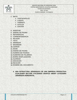 SERVICIO NACIONAL DE APREDIZAJE SENA 
CENTRO AGROFORESTAL ACUICOLA ARAPAIMA 
TECNICO EN SISTEMAS 
COD. 751746 
PUERTO CAICEDO - PUTUMAYO 
1. INICIO 
a. PORTAPAPELES 
b. FUENTE 
c. PARRAFO 
d. ESTILOS 
e. EDICIÓN 
2. INSERTAR 
3. DISEÑO DE PAGINA 
4. REFERENCIAS 
5. CORRESPONDENCIA 
6. REVISAR 
7. VISTA 
8. MINIMIZAR 
9. MAXIMIZAR 
10. CERRAR 
11. ZOOM 
12. DISEÑO DE PAGINA 
13. NUMERO DE PAGINAS 
14. NUMERNO DE PALABRAS 
15. BARRA DESPLAZADORA 
16. GUARDAR 
17. DESHACER 
18. REHACER 
19. NOMBRE DEL DOCUMENTO 
4. UNA ESTRUCTURA JERÁRQUICA DE UNA EMPRESA PRODUCTIVA 
(CUALQUIER SECTOR) UTILIZANDO GRAFICO SMART CATEGORÍA 
JERARQUÍA HORIZONTAL. 
GUIA DE APRENDIZAJE N°2 Página 11 
 