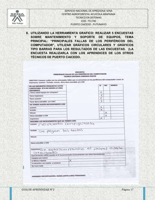 SERVICIO NACIONAL DE APREDIZAJE SENA 
CENTRO AGROFORESTAL ACUICOLA ARAPAIMA 
TECNICO EN SISTEMAS 
COD. 751746 
PUERTO CAICEDO - PUTUMAYO 
8. UTILIZANDO LA HERRAMIENTA GRAFICO: REALIZAR 5 ENCUESTAS 
SOBRE MANTENIMIENTO Y SOPORTE DE EQUIPOS, TEMA 
PRINCIPAL: “PRINCIPALES FALLAS DE LOS PERIFÉRICOS DEL 
COMPUTADOR”, UTILIZAR GRÁFICOS CIRCULARES Y GRÁFICOS 
TIPO BARRAS PARA LOS RESULTADOS DE LAS ENCUESTAS. (LA 
ENCUESTA REALIZARLA CON LOS APRENDICES DE LOS OTROS 
TÉCNICOS DE PUERTO CAICEDO. 
GUIA DE APRENDIZAJE N°2 Página 17 
 