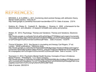 BROOKS, A. & CLARKE, L. 2011. Combining client-centred therapy with attribution theory. 
Mental health practice, 14(9):34-37. 
http://www.google.co.za/webhp?sourceid=navclient&ie=UTF-8 Date of access: 2/3/14 
Dobbins, M., Ciliska, D., Coskerill, R., Barnsley, J., Dicenso, A. 2002. a framework for the 
disemmination and utilization of research forhealth-care policy and practice. 
Weiten, W. 2012. Psychology: Themes and Variations: Themes and Variations. Electronic 
book. 
http://books.google.co.za/books?id=sILajOhJpOsC&pg=PT555&dq=carl+rogers+humanistic 
+theory&hl=en&sa=X&ei=fDQVU8ThOIm3hQf2tIGYBQ&ved=0CDYQ6AEwAg#v=onepage& 
q=carl%20rogers%20humanistic%20theory&f=false . Date of access: 1/3/2014 
Thorne & Sanders. 2013. Key figures in counseling and therapy Carl Rogers. 3rd ed. 
London. SAGE publications. Electronic book. 
http://books.google.co.za/books?id=NuE2zkBxGX8C&printsec=frontcover&dq=carl+rogers+ 
humanistic+theory&hl=en&sa=X&ei=WUkVU_mWJ5OThQf23oCQBA&ved=0CEcQ6AEwAw 
#v=onepage&q=carl%20rogers%20humanistic%20theory&f=false Date of access: 1/3/14 
Townsend, C. 2012. Psychiatric Mental Health Nursing: Concepts of Care in Evidence- 
Based Practice. Philadelphia. F. A. Davis company. 
http://books.google.co.za/books?hl=en&lr=&id=fXj2AAAAQBAJ&oi=fnd&pg=PP2&dq=psychi 
atric+nursing+and+freud&ots=Ym1STYCXp3&sig=NoG1phnRHkfXl0IXylU3Sq5gsPs#v=one 
page&q=psychiatric%20nursing%20and%20freud&f=false 
Date of access: 28/2/2014 
