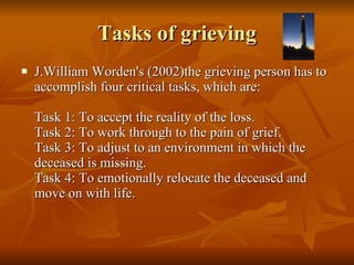 Tasks of grieving J.William Worden's (2002)the grieving person has to accomplish four critical tasks, which are:  Task 1: To accept the reality of the loss.  Task 2: To work through to the pain of grief.  Task 3: To adjust to an environment in which the deceased is missing.  Task 4: To emotionally relocate the deceased and move on with life.  