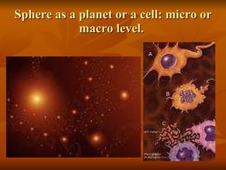 Sphere as a planet or a cell: micro or macro level.  