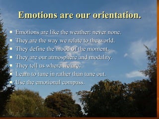 Emotions are our orientation. Emotions are like the weather: never none. They are the way we relate to the world.  They define the mood of the moment. They are our atmosphere and modality. They tell us where we are.  Learn to tune in rather than tune out.  Use the emotional compass. 