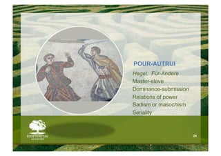 POUR-AUTRUI
Hegel: Für-Andere
Master-slave
Dominance-submission
Relations of power
Sadism or masochism
Seriality



                       24
 