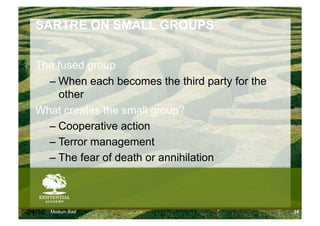 SARTRE ON SMALL GROUPS


    The fused group
      –  When each becomes the third party for the
         other
    What creates the small group?
      –  Cooperative action
      –  Terror management
      –  The fear of death or annihilation



6/24/10   Modum Bad                                  34
 