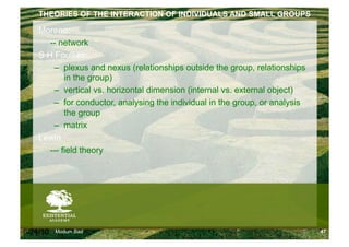 THEORIES OF THE INTERACTION OF INDIVIDUALS AND SMALL GROUPS

    Moreno:
       -- network
    S H Foulkes:
        –  plexus and nexus (relationships outside the group, relationships
            in the group)
        –  vertical vs. horizontal dimension (internal vs. external object)
        –  for conductor, analysing the individual in the group, or analysis
            the group
        –  matrix
    Lewin
       --- field theory




6/24/10   Modum Bad                                                            47
 